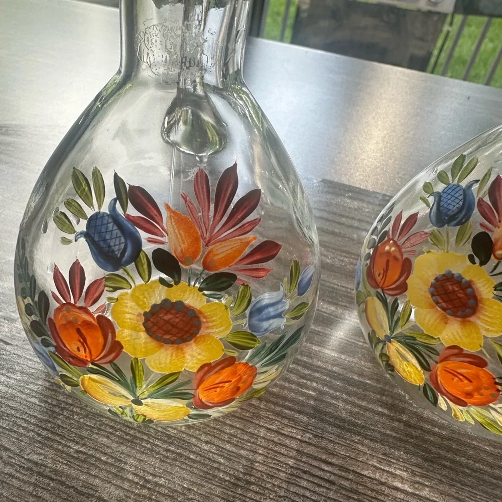Hand-Painted Floral Glass Cruet Pair - Bright Multicolor